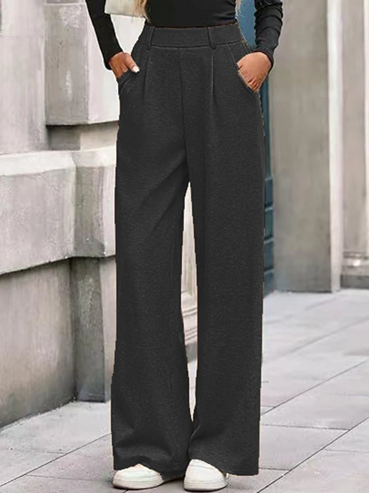 الخريف الشتاء النساء مضلع بنطال ذو قصة أرجل واسعة عالية الخصر فضفاضة تناسب مستقيم الساق بنطلون عادية مريحة التنقل