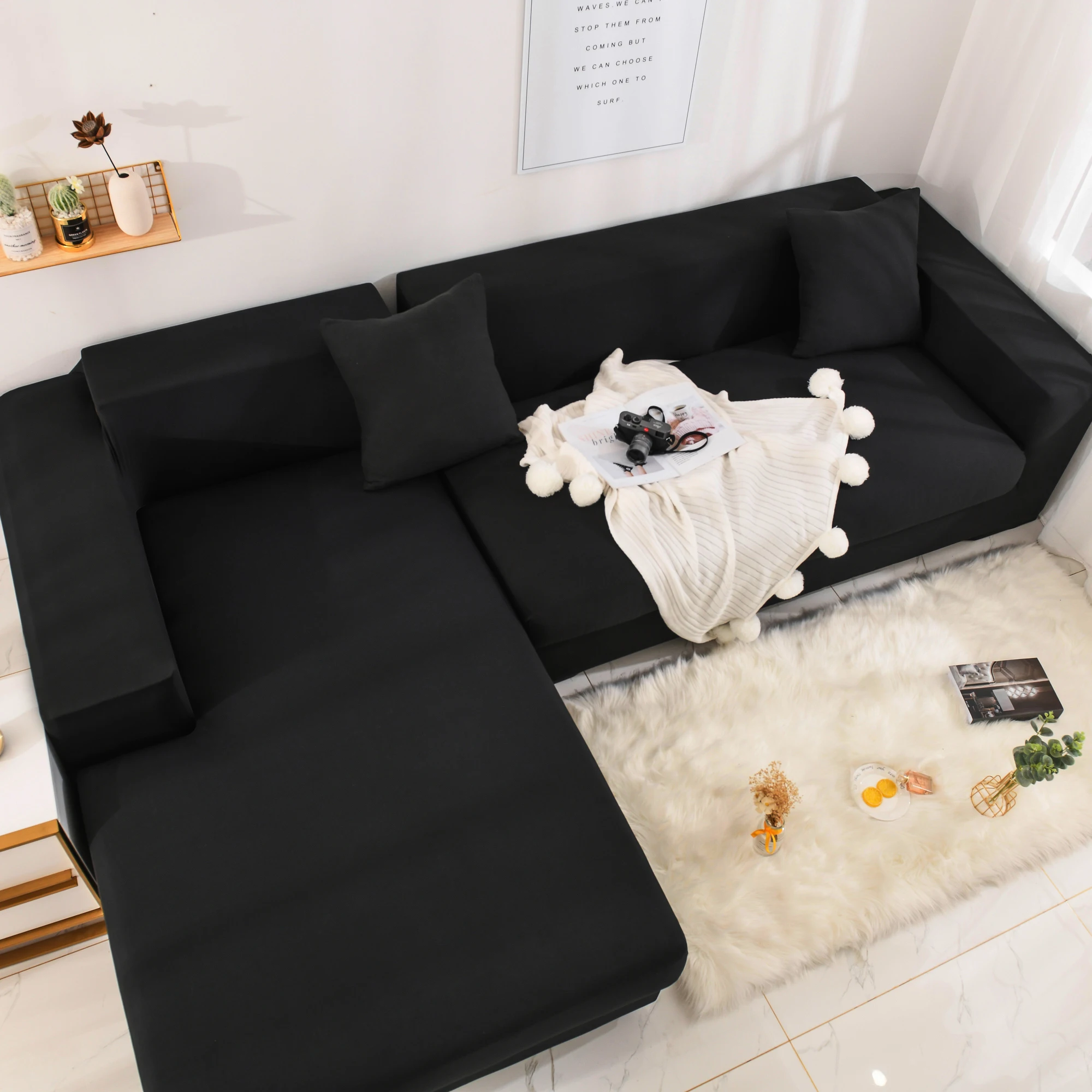 Customized high elasticity universal black non-slip stretchable l shape sofa cover 4 5 6 seaters slipcover