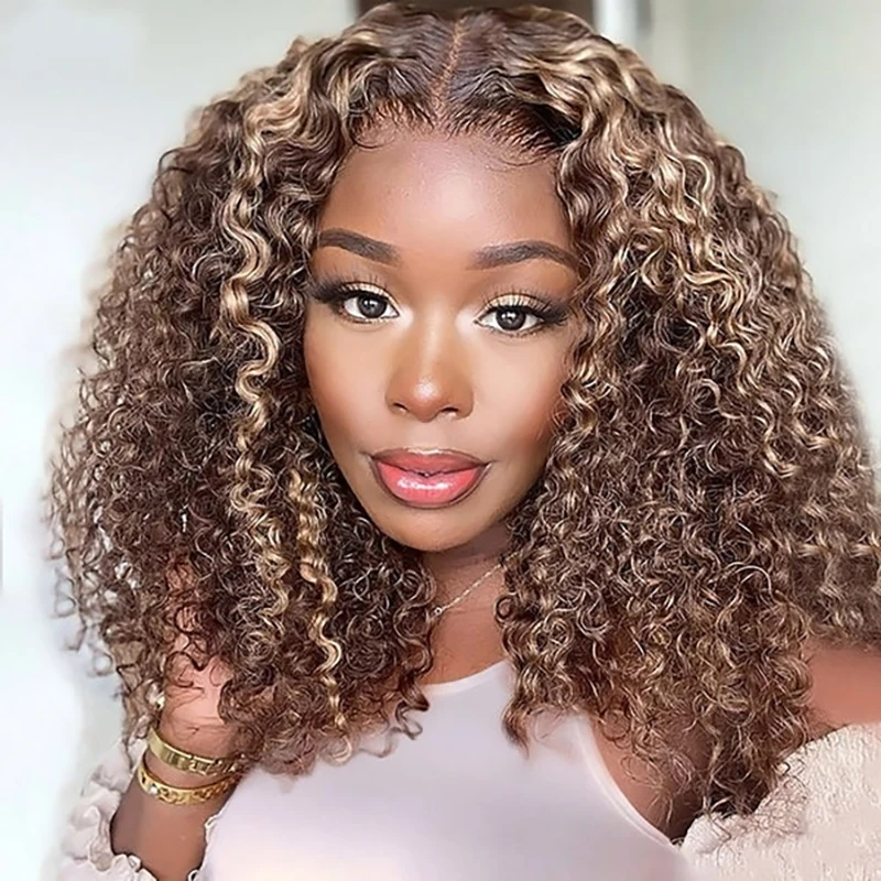 13x4 HD Lace Human Hair Short Human Hair Wigs Curly Color 4/27 Highlight Ombre Human Hair Deep Wave Bob Wigs Curly For Women