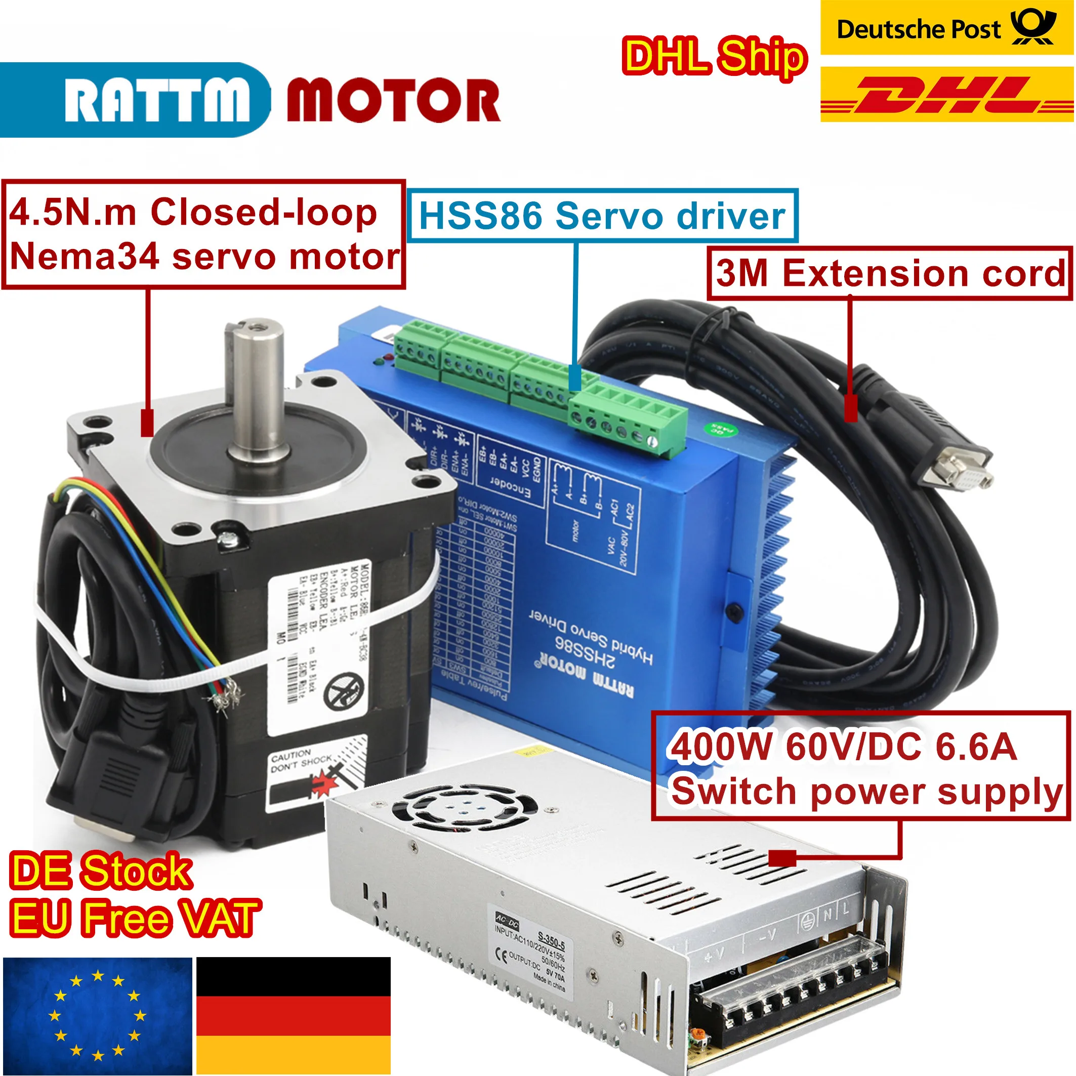 Nema34 4.5N.m 82mm Closed Loop Servo Stepper Motor + 2HSS86 Hybrid Driver + 400W 60/70V Power Supply CNC Controller Kit