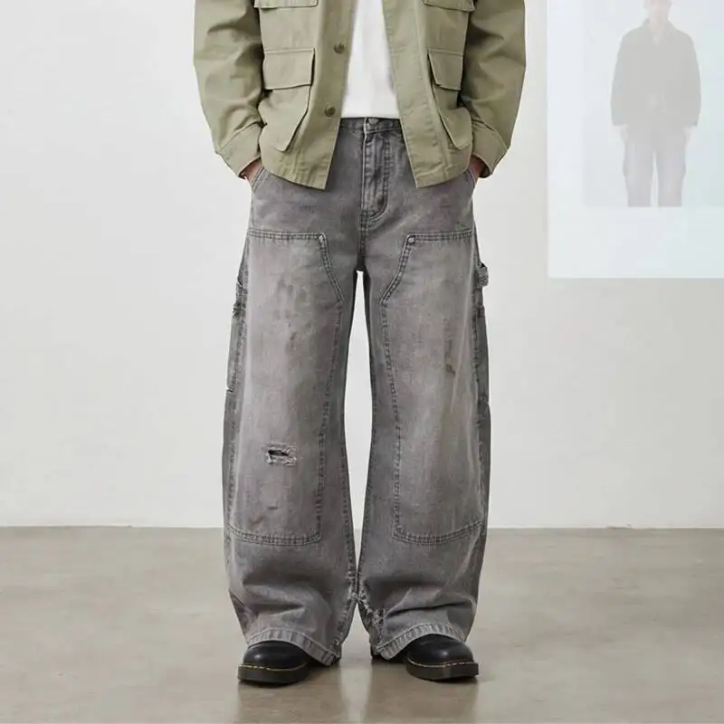 American Style Deconstructed Silhouette Distressed Men's Boot Cut Jeans Workwear Chic Loose Dirty Dyed Logging Denim P9HJE