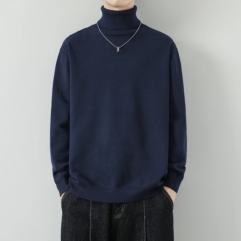 Suéter pulôver masculino de gola alta, cor sólida, estilo básico, fio macio de água, camada base moderna para primavera, outono e inverno