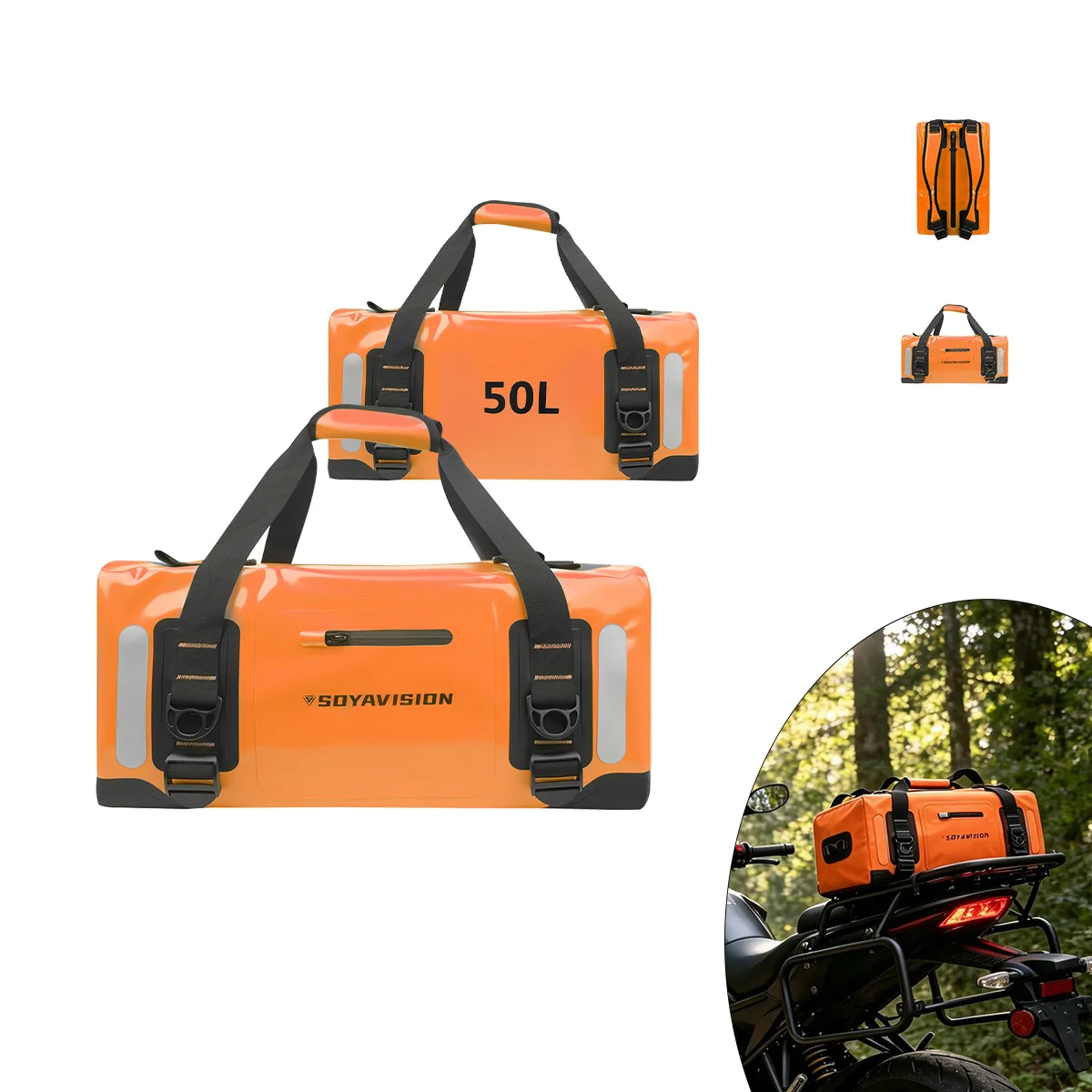 Motorcycle Tail Dry Bag 50L 100L Orange Waterproof Duffle Bag for Travel Adventure Dirt Bike Gear Back Seat Luggage Backpack