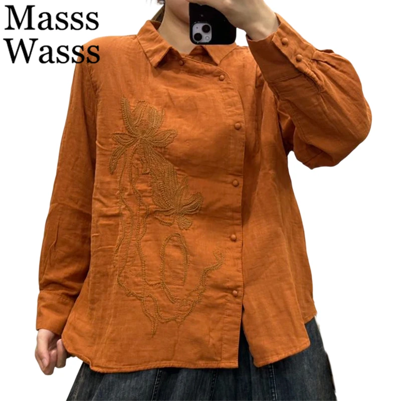 中国風デザインの刺繍入りシャツ レディースファッション ゆったりカジュアルトップス ヴィンテージ風エレガントなコットンリネンブラウス