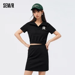 Semir Set Women Polo Neck Embroidered Top Elastic Waist Skirt 2024 Summer New Waffle Two Piece Casual Set