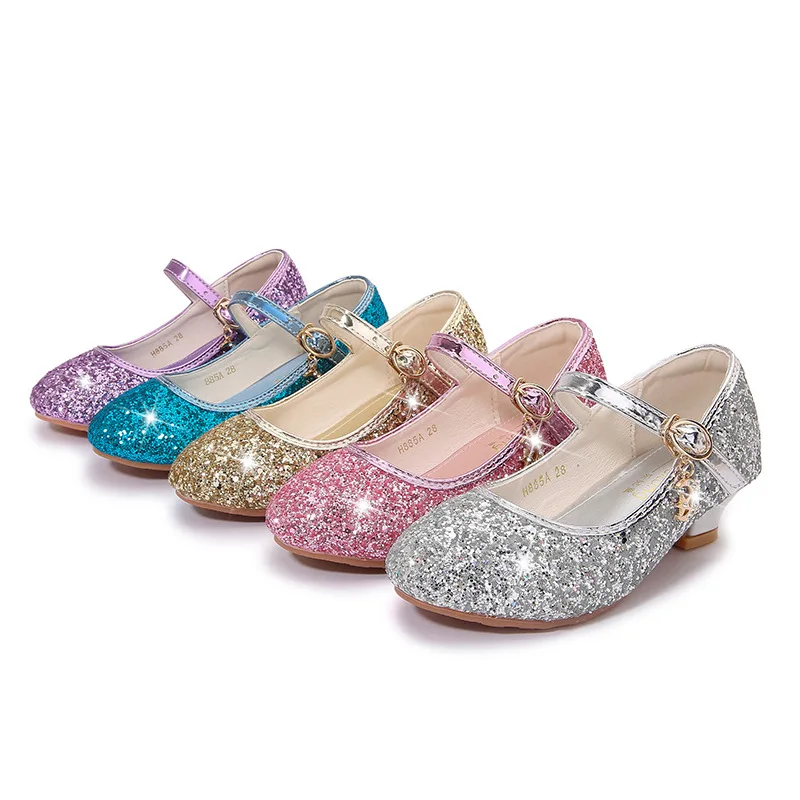 Girls Sandals Silver Sequin Kids Latin Dance Shoes Children High Heel 2024 New Fashion Party Dress Wedding Princess Shoes
