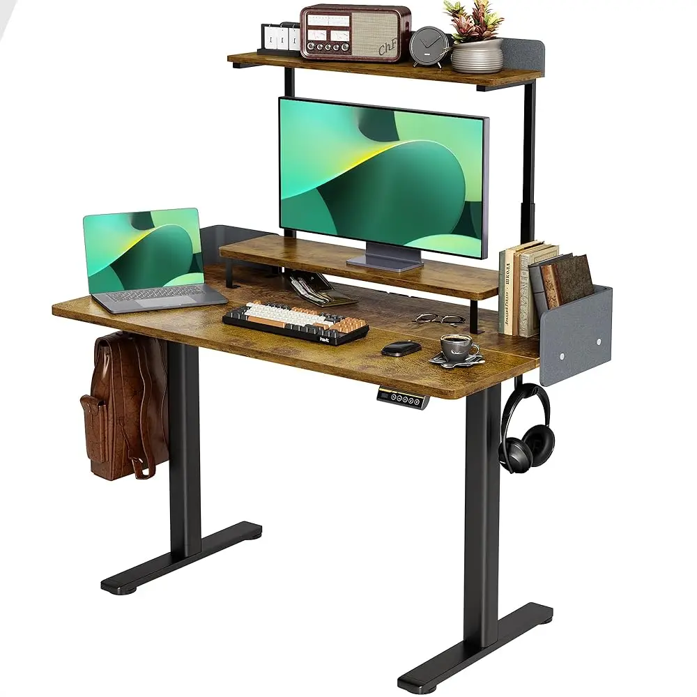 Electric Standing Desk With Adjustable Monitor Stand, 48 X 24 Hes Height Adjustable Desk With Removable Shelves, Stand Up