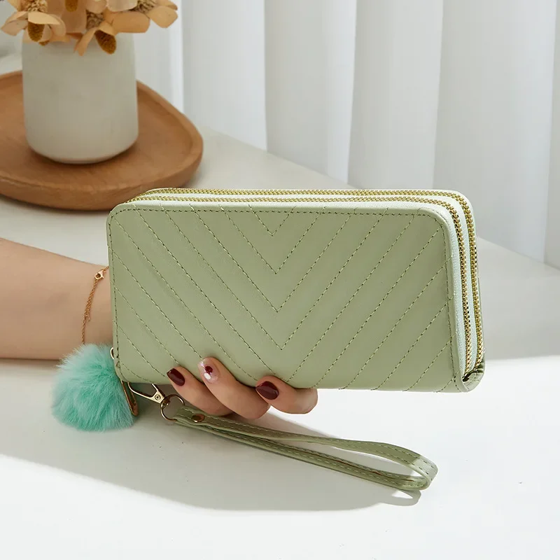 New Fashion Solid Color PU Wallet Girls Zipper Print Clutch Bag Temperament Simple Sewing Line Coin Purse