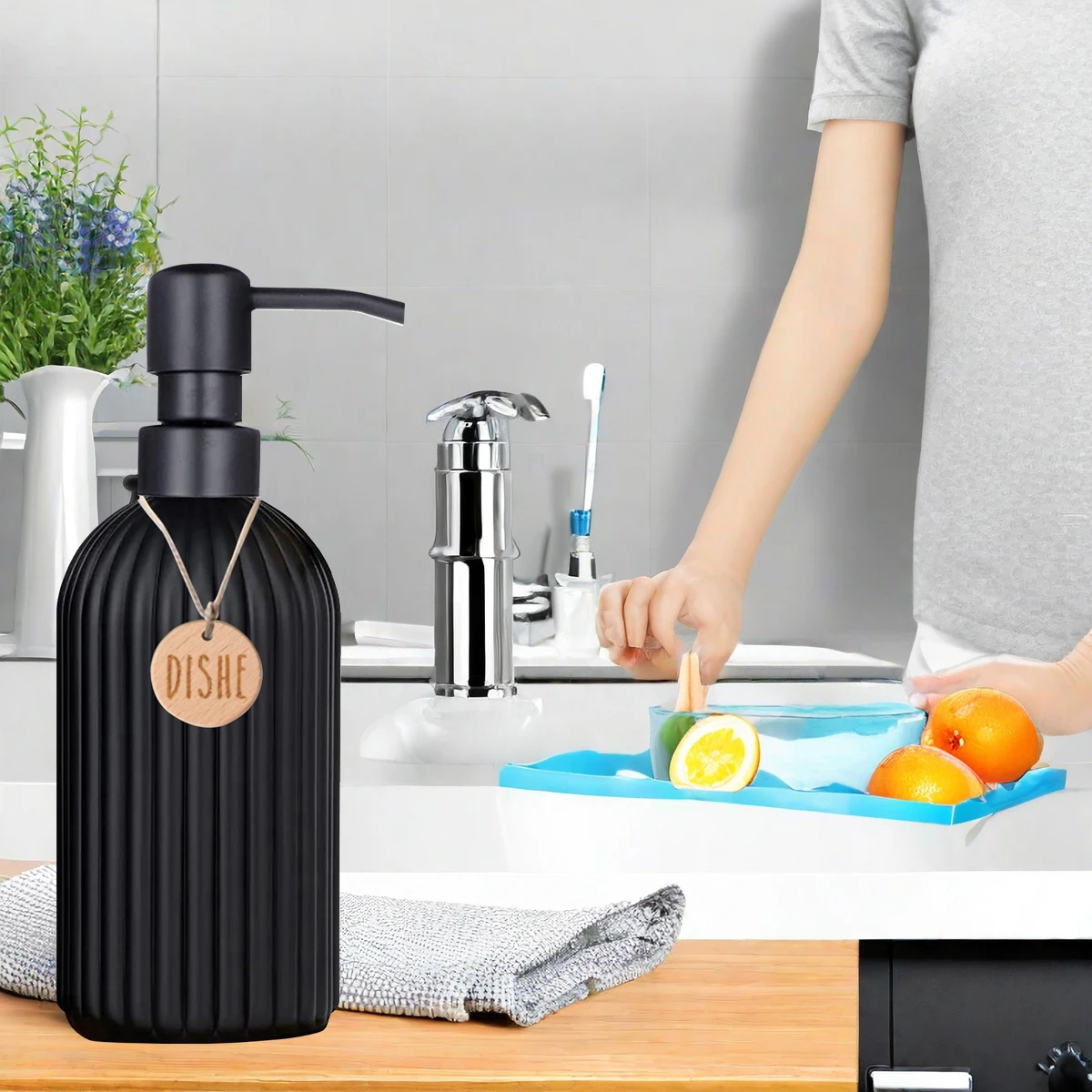 Stainless Steel Dish Soap Dispenser set Kitchen Hands and Dishwashing Soap Pump Dispenser Bathroom Liquid Soap Bottle with Tags