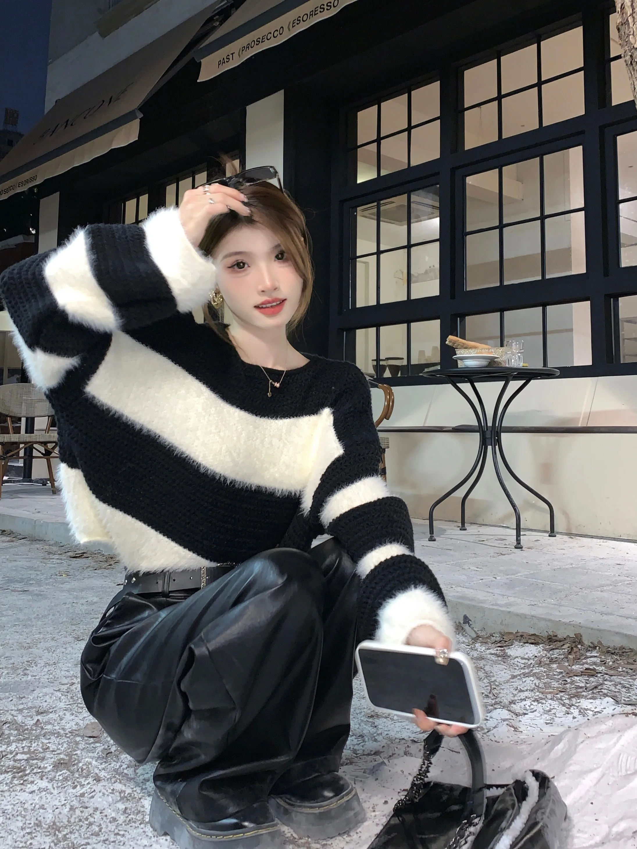 

Модный вязаный свитер, женский весенний новый свободный свитер с длинными рукавами в полоску, корейский классический верхний костюм, топ