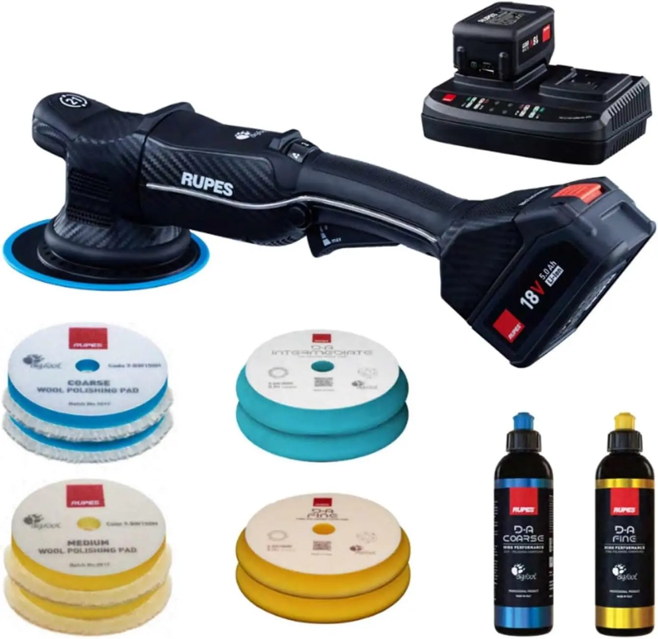 Rupes Hlr21 Bigfoot Ibrid Random Orbital Polisher Basic Kit - Includes Dual Charger, 2 Batteries, D-A Series High Performance