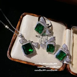 2023 New Simulation Sapphire Jewelry Set Ladies Exquisite Bowknot Green Cubic Zirconia 925 Sterling Silver Ring Earring Necklace