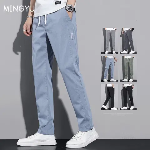 Nouveau printemps automne coton hommes pantalons décontractés classique cordon taille élastique Stretch bleu Jogging travail Cargo pantalon mâle