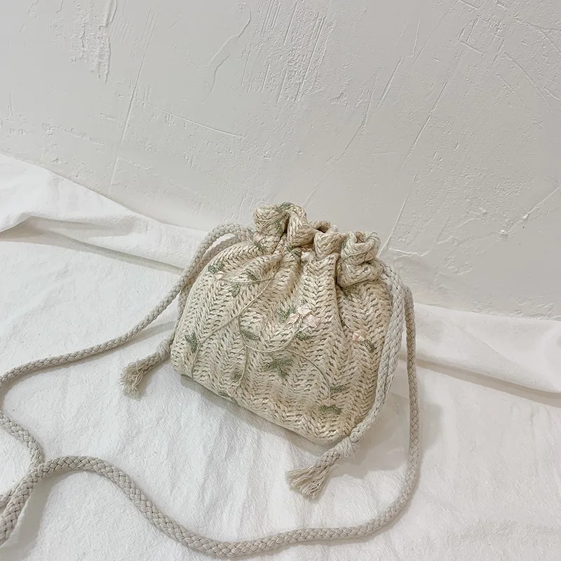 Woven Bag New Trendy and Fashionable Lace Versatile Drawstring Bucket Bag Single Shoulder Crossbody Grass Woven Bag