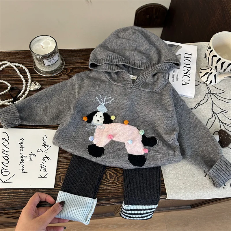 2025 Korean Spring 1-8 Years Kids Girls 2PCS Clothes Set Cartoon Knitted Hooded Top Spliced Leggings Suit Toddler Girl Outfits