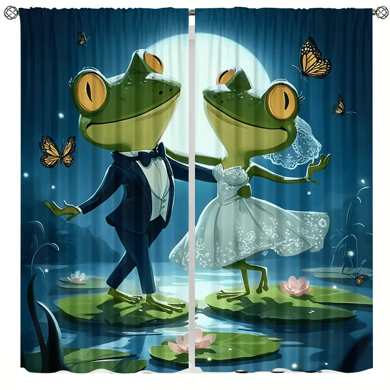 Lotus leaf dancing frog curtains, pole-mounted installation. Suitable for living rooms, bedrooms, dining rooms, and hotels.