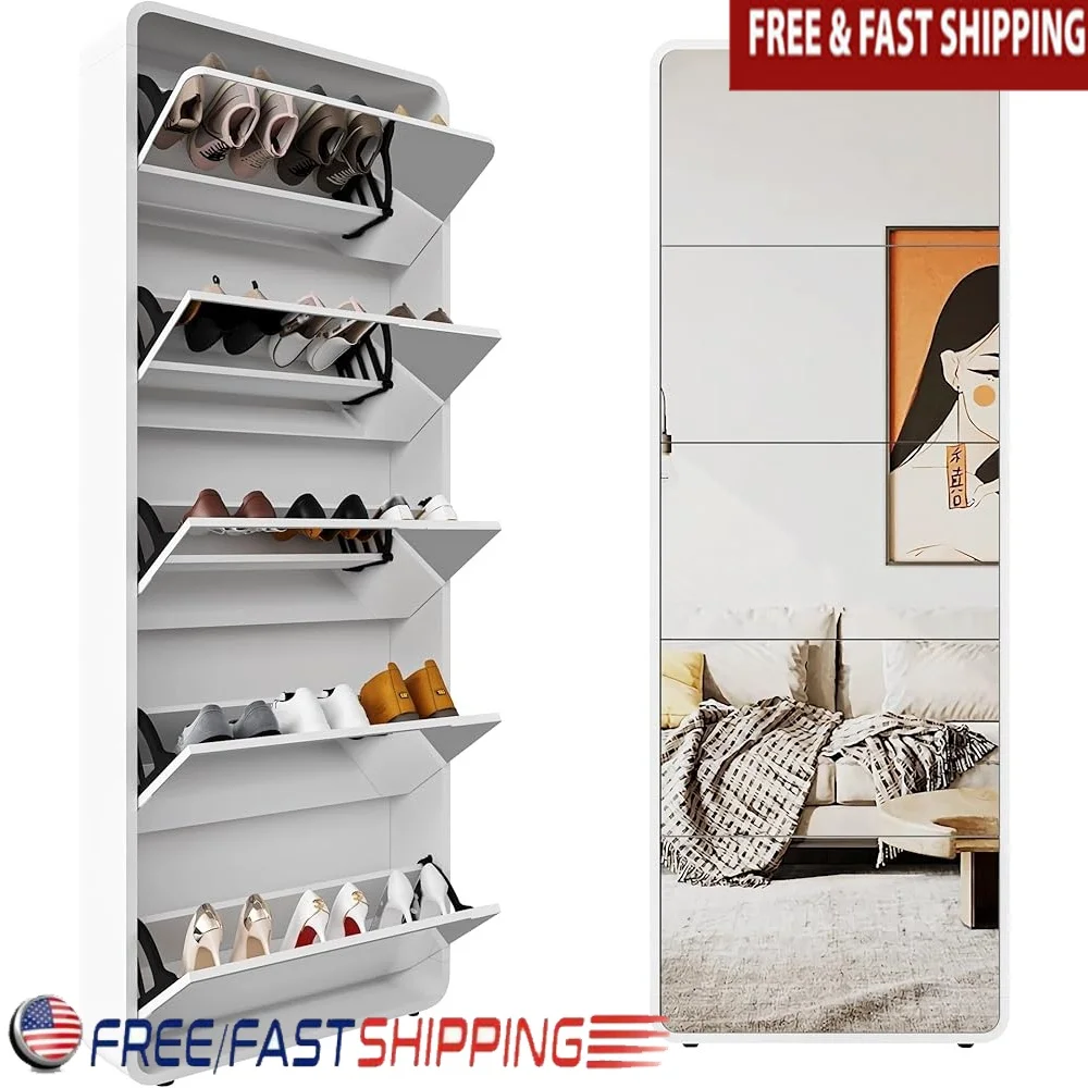 

Mirror Shoe Storage Cabinet Freestanding Shoe Rack 5 Flip Drawers Hidden Organizer Dustproof Shoe Holder Entryway Furniture