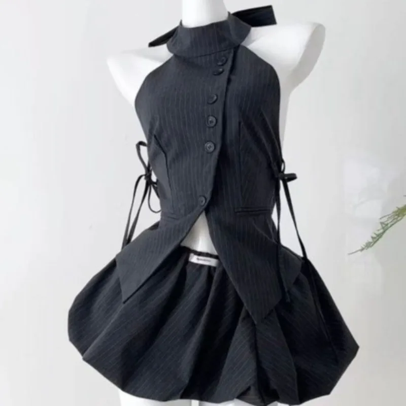 Summer Korean Fashion Y2k Women 2 Piece Set Pinstripe Sleeveless Halter Tie Button Tops+ Low Waist Mini Bubble Skirt Outfits New image 6