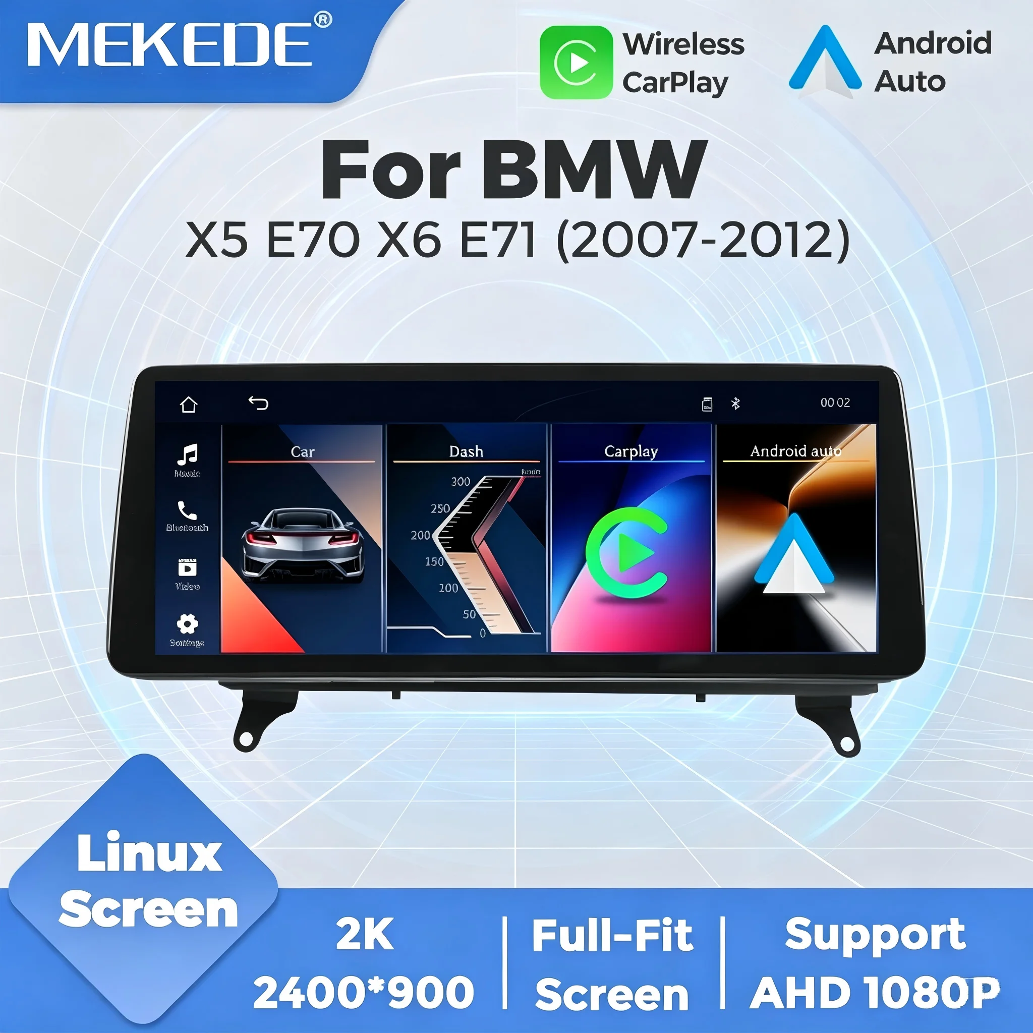 Autoradio MEKEDE Linux con schermo touch da 12,3 pollici 2400*900 2K, CarPlay wireless e Android Auto per BMW X5 E70 X6 E71 E72 2007-2014, lettore multimediale per auto, navigatore GPS, autoradio
