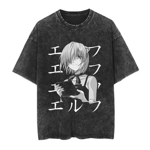 Vintage Washed Old T-Shirt Japanese Anime Elfen Lied Streetwear Casual Harajuku Pattern Short Sleeve Tide