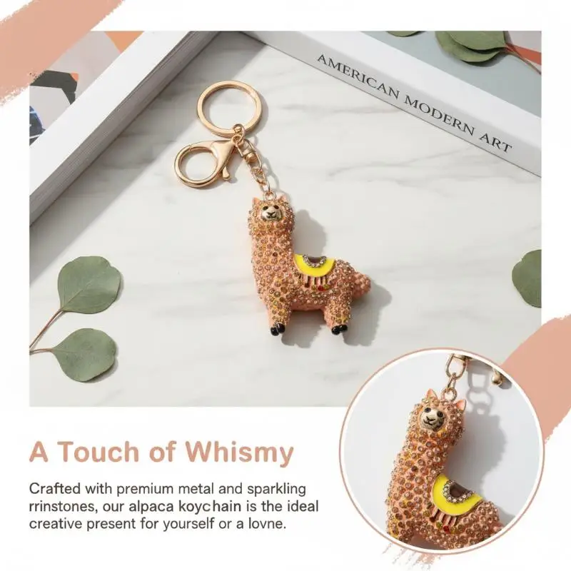 Exquisiter Strass-Alpaka-Lama-Schlüsselanhänger mit Karabinerhaken, glänzender Kristall-Tieranhänger, modisches Accessoire zur täglichen Taschendekoration – Detail 7