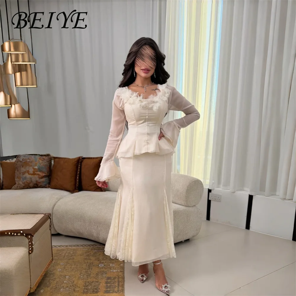 

BEIYE Elegant Lace Flowers Long Sleeve Mermaid Evening Dresses Women Pleat Formal Prom Dress Ankle-Length Party Gowns Customized