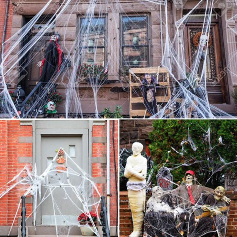 Halloween Decorations Artificial Spider Web Super Stretch Cobwebs with Fake Spiders Scary Party Scene Decor Horror House Props