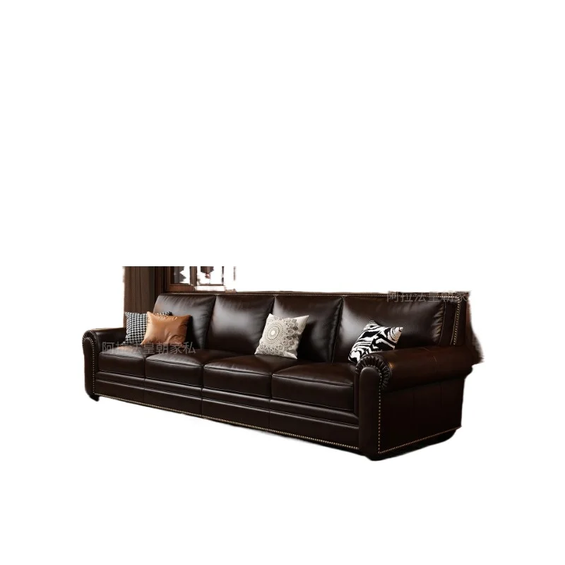 Американский стиль, ретро, масляный воск, кожаная мебель для гостиной, виллы, первый слой воловьей кожи, прямой ряд, диван для трех или четырех человек