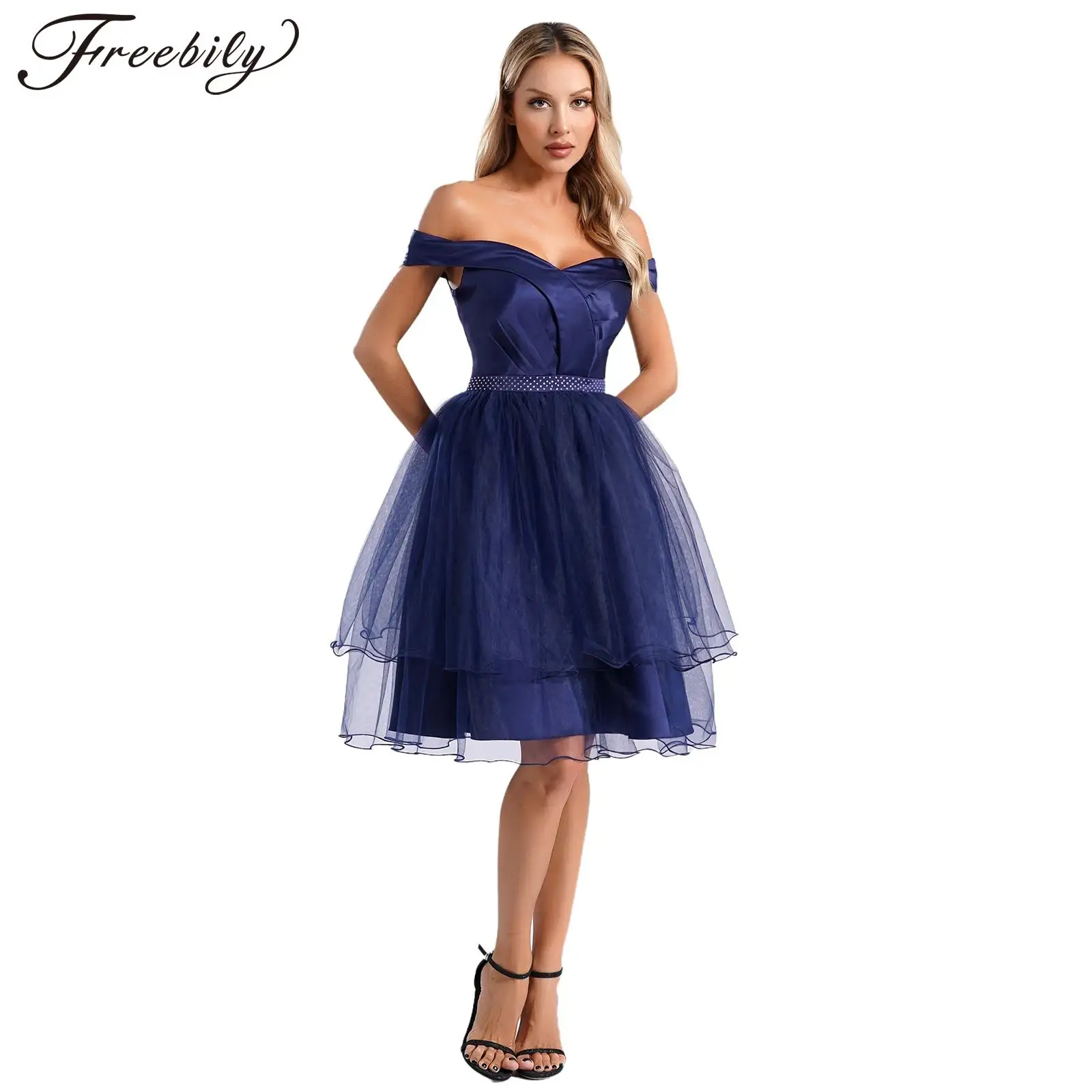 Womens Tulle Hem Party Gown Off Shoulder Dress Built-in Pad Pleated Pageant Vestidos Femme A-line Dress for Prom Evening Banquet