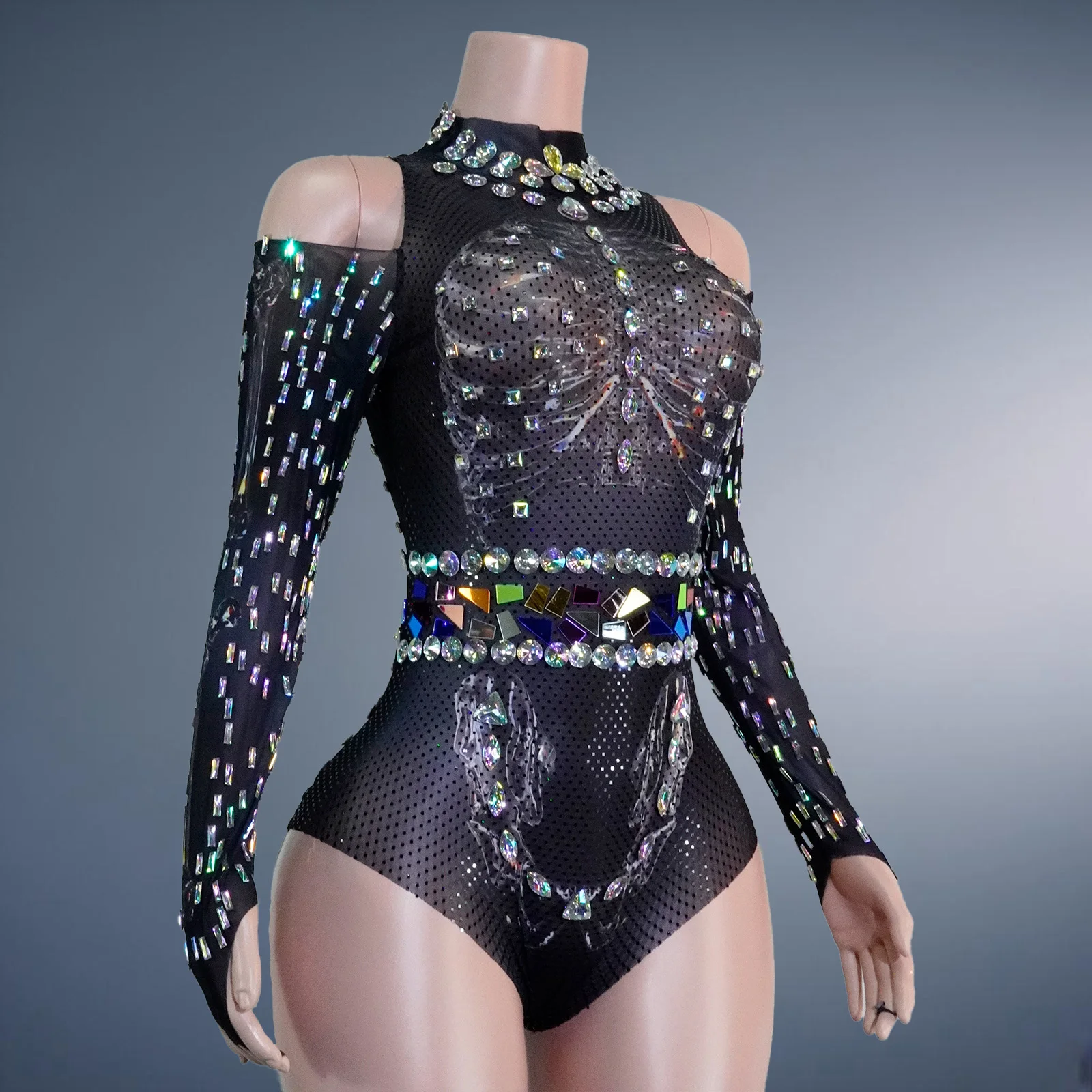 여성 원피스 바디수트 메쉬 크리스탈 라인스톤 스팽글 오프숄더 긴팔 바디콘 클럽웨어 드랙퀸 골드 댄스 의상