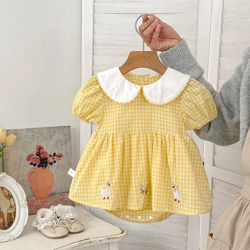 2026 New Summer 0-24M Children Clothes Newborn Baby Girl Romper Short Sleeved Cotton Grid Embroidery Toddler Baby Girls Jumpsuit