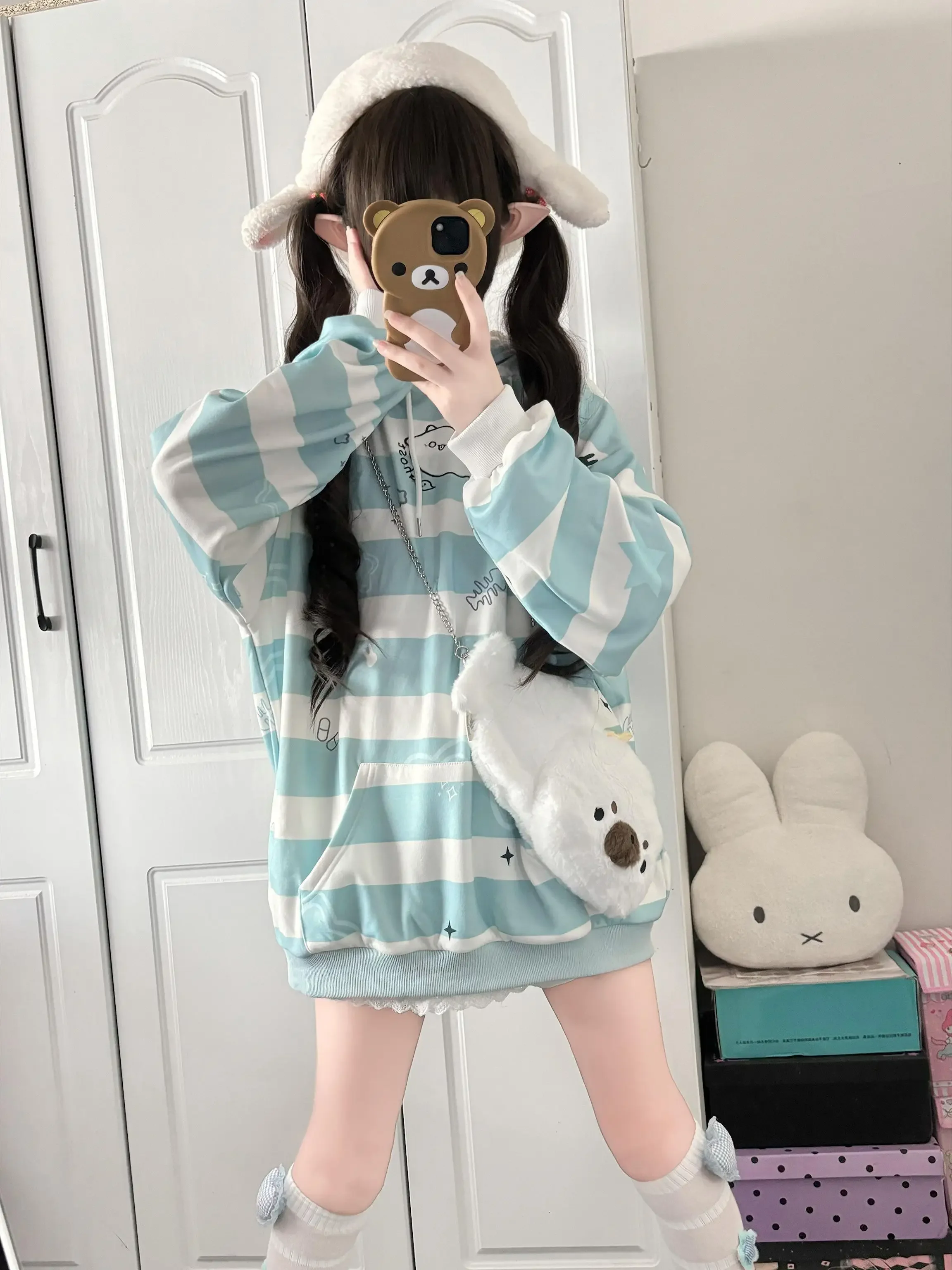 Sweats à capuche rayés japonais pour filles, pull à manches longues, vêtements décontractés, impression de dessin animé, dentelle Kawaii, PVD, Y2K, Harajuku