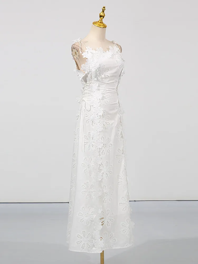 Ele taille haute a-ligne Dr Svel v-ne bretelles brodées été longue Dr femmes Faion Sexy Simple Sle