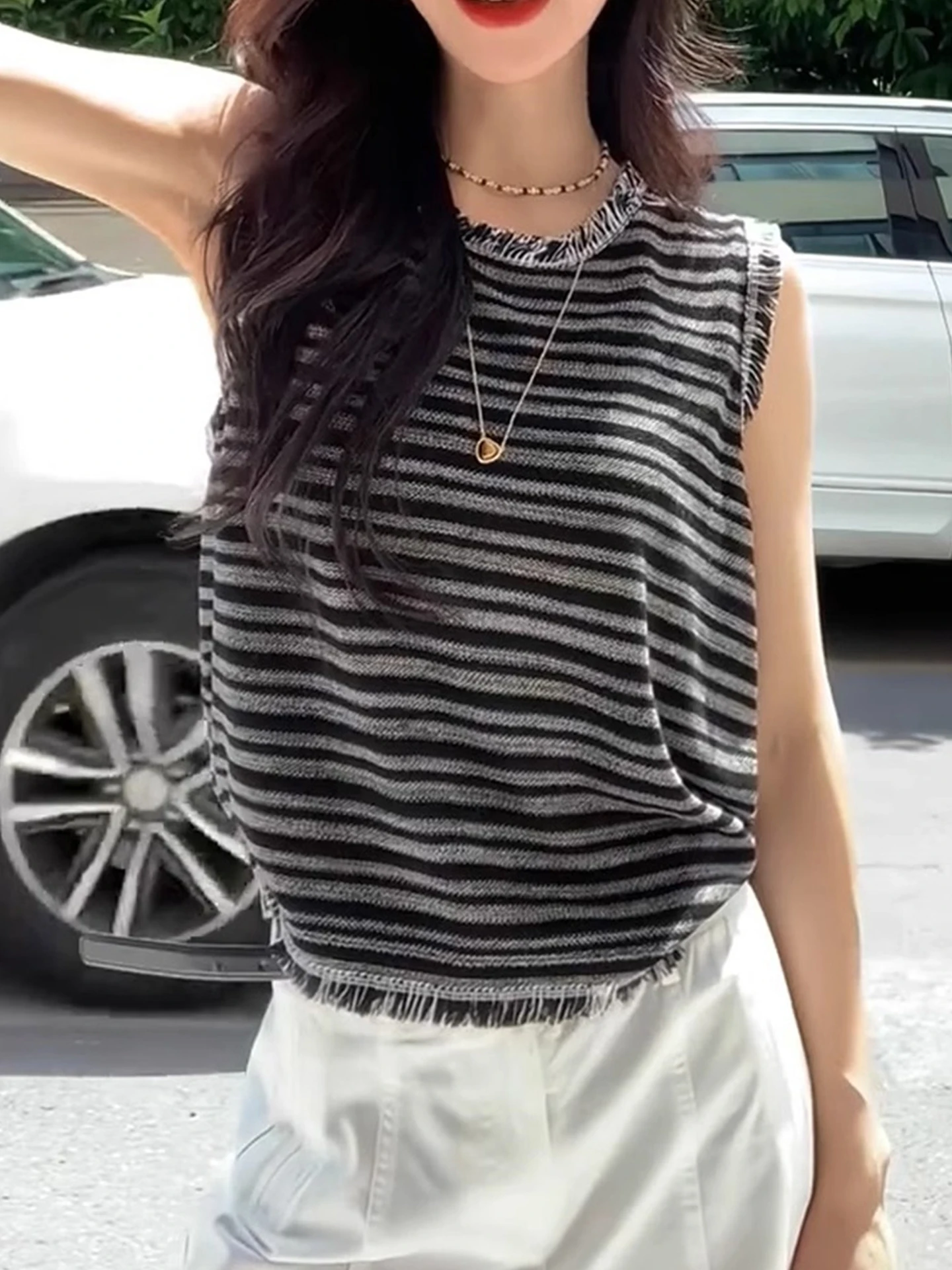 

Корейский круглый жилет с кисточками в полоску, вязаный топ для похудения, летняя модная женская одежда