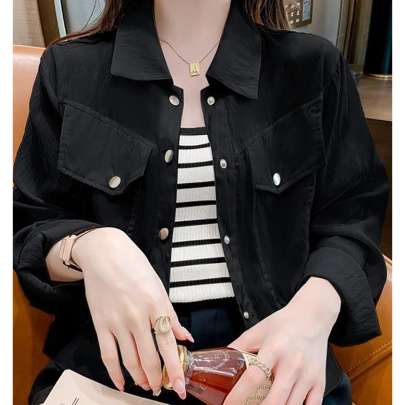 spring autumn new Solid color shirt women High street Turn-down Collar Long Sleeve Pockets Cardigan Korean style elegant tops