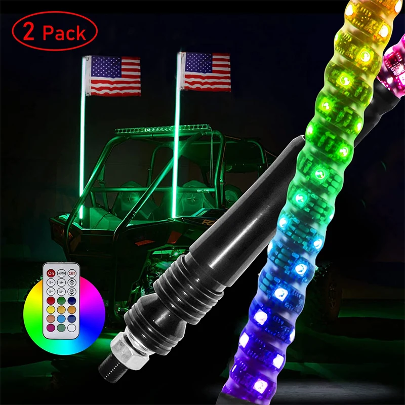 LED RGB Flagpole Whip Light  4FT 5FT  Motorcycle Lighted Spiral Antenna Car Signal Lamp with Remote Control for Jeep ATV UTV