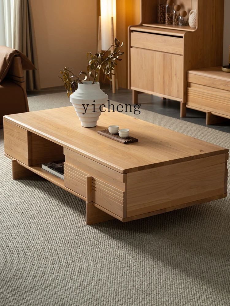 ZK Solid Wood Coffee Table TV Cabinet Combination Living Room Home Wood Color Double Drawer Double Cabinet