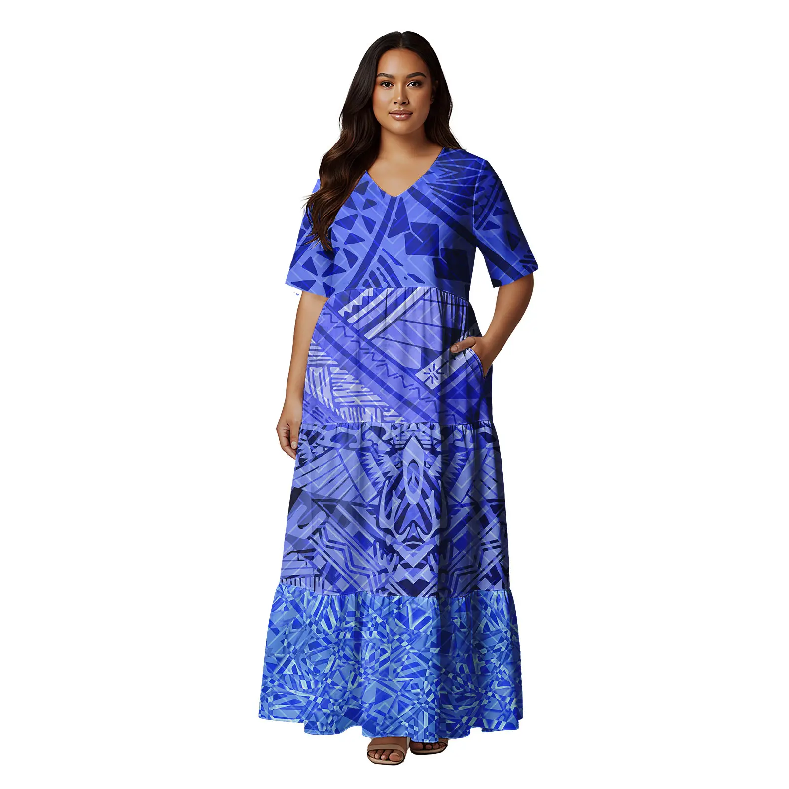 半袖ハワイ風トロピカル花柄ティアードケーキドレス マキシ丈ポリネシア風衣装 トライバルアイランド フィジー トンガ 教会ドレス