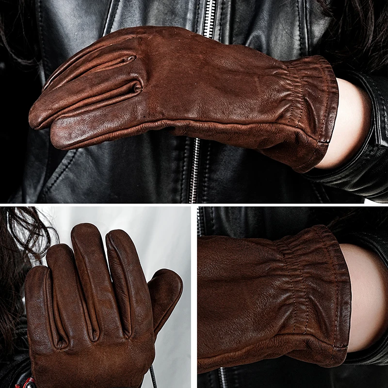 Men's Leather Gloves with Warm Wool Lining for Outdoor Cycling, Driving, Business Commuting, Outdoor Camping, Genuine Leather Gloves