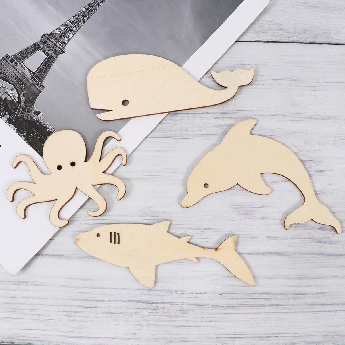 24pcs of 4 Style Marine Animals Pieces Wooden Button Adorable Wood Slice Decorative Wood Chip for Home DIY (Octopus +Whale +Shar