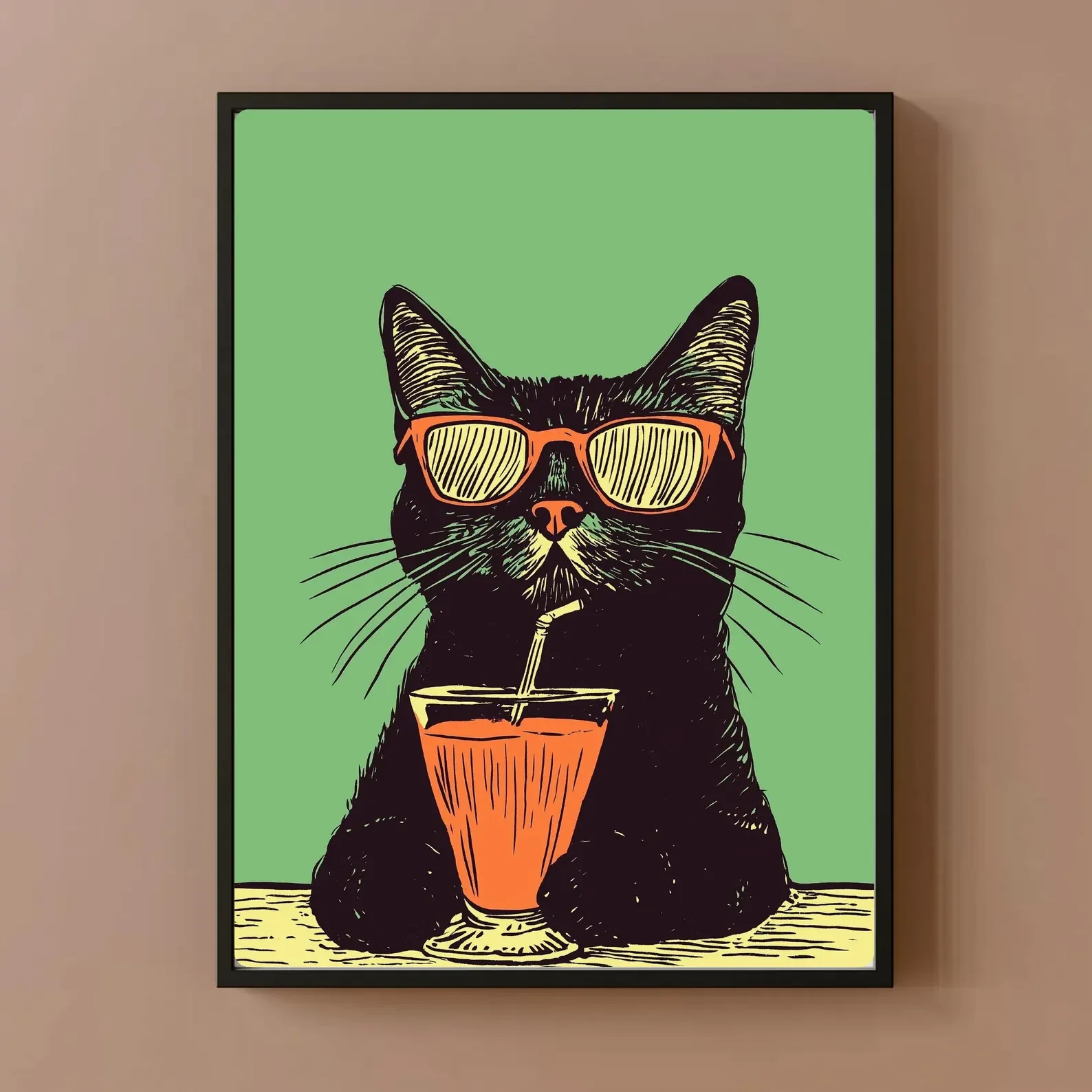 Retro-Poster für schwarze Katzen und Getränke: Schrullige Bar-Kunstdrucke, bunte Drucke, trendige Drucke, grüne Drucke, Kunstgeschenke, lustig