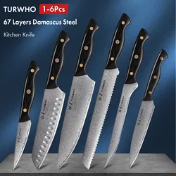 TURWHO 1-6PCS Kitchen Knives Set Japanese 67 Layer Damascus Steel Chef Knife PRO VG10 Santoku Bread Boning Utility Paring Knives