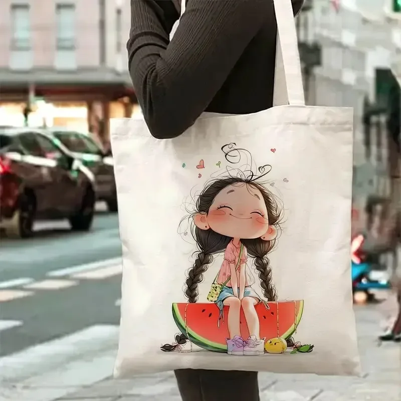 Fashionable Watermelon Printed Canvas Tote Bag Spacious Reusable Shoulder Bag Suitable For Travel And Shopping