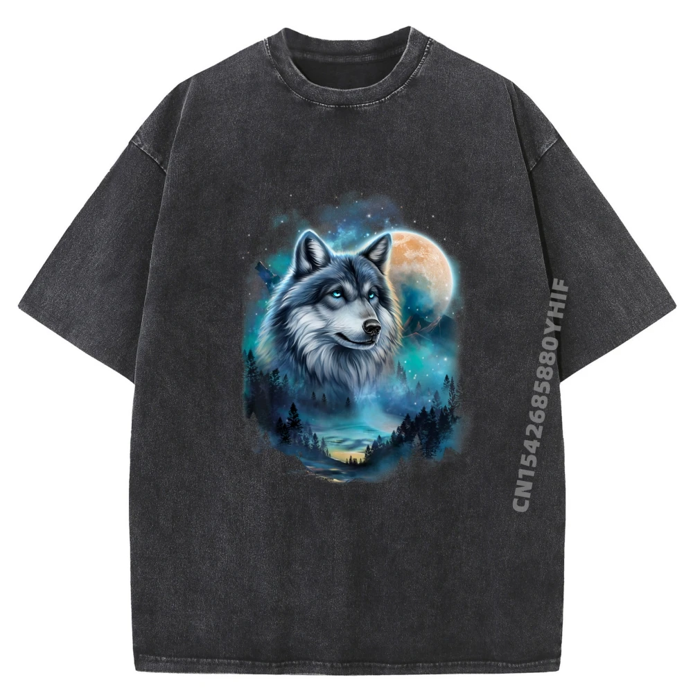 

Футболка с рисунком Majestic Wolf Under Moonlit Forest Sky, винтажная стираная одежда, корейские модные топы с принтом