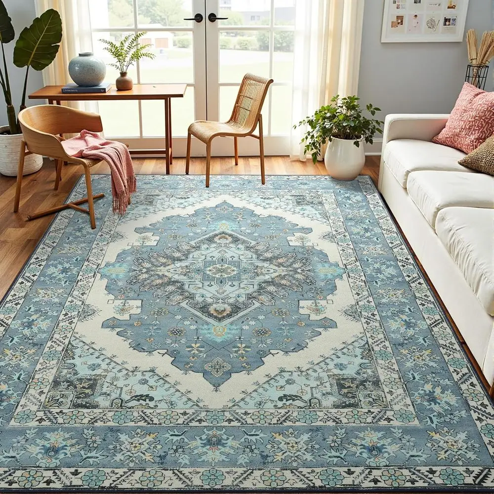 

Винтажный синий ковер 8x10, можно стирать в машине, с низким ворсом, нескользящий для декора гостиной, спальни, кухни и столовой