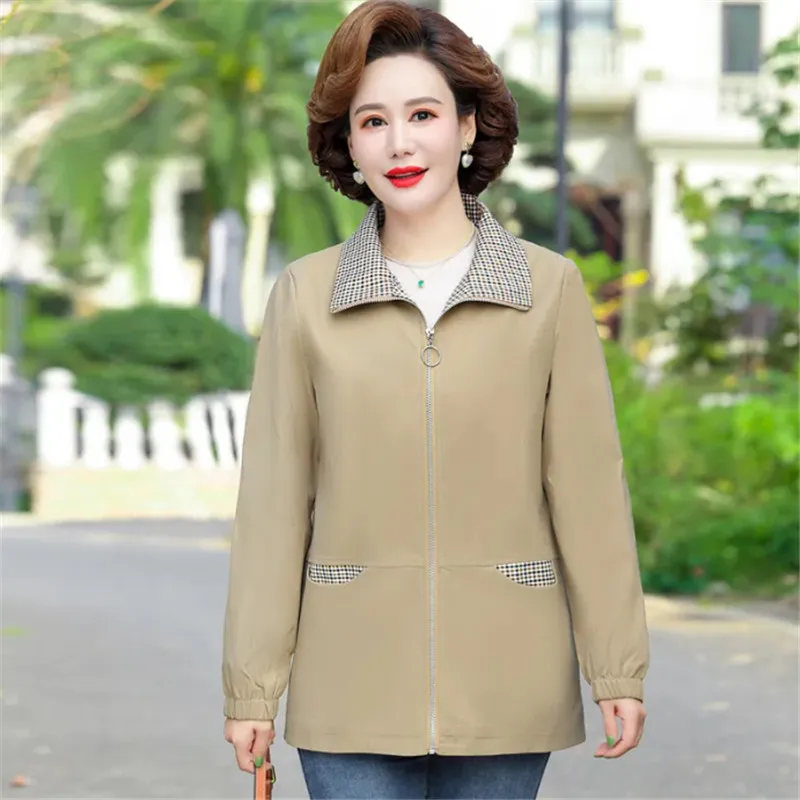 Spring Autumn Short Windbreaker Women 2023 New Loose Lapels Plaid Trench Coat Pure Colour Overcoat Fashion Pocket Outwear Female