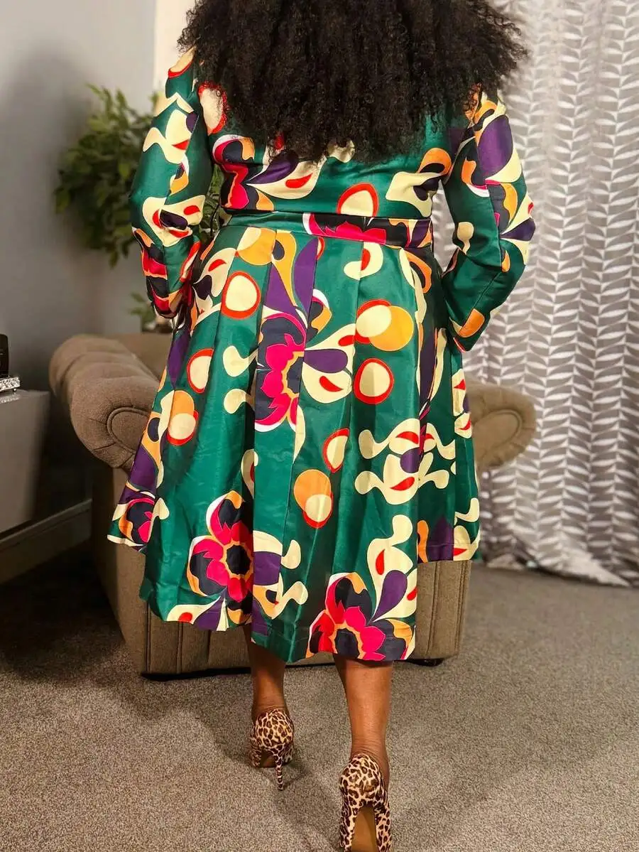 

Womens Teal Abstract Print Midi Shirt Dress With Button Front And Self Tie Waist