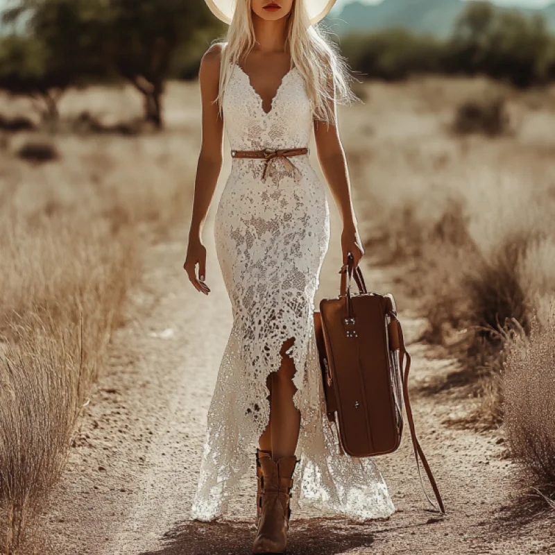 Womens Boheemse Maxi Jurk Retro Wit Kant Mouwloos Zomer Strand Bruiloft Gast Jurk Elegant Kerkfeest