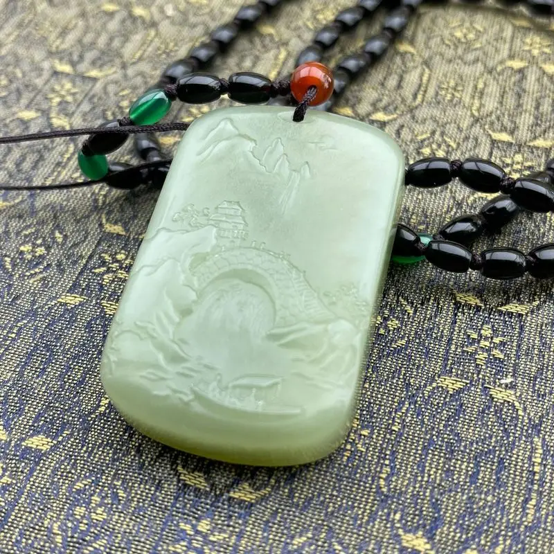 By Step Ascension Hotan Landscape Necklace, Double-Sided Jade Pendant, Unisex Jewelry
