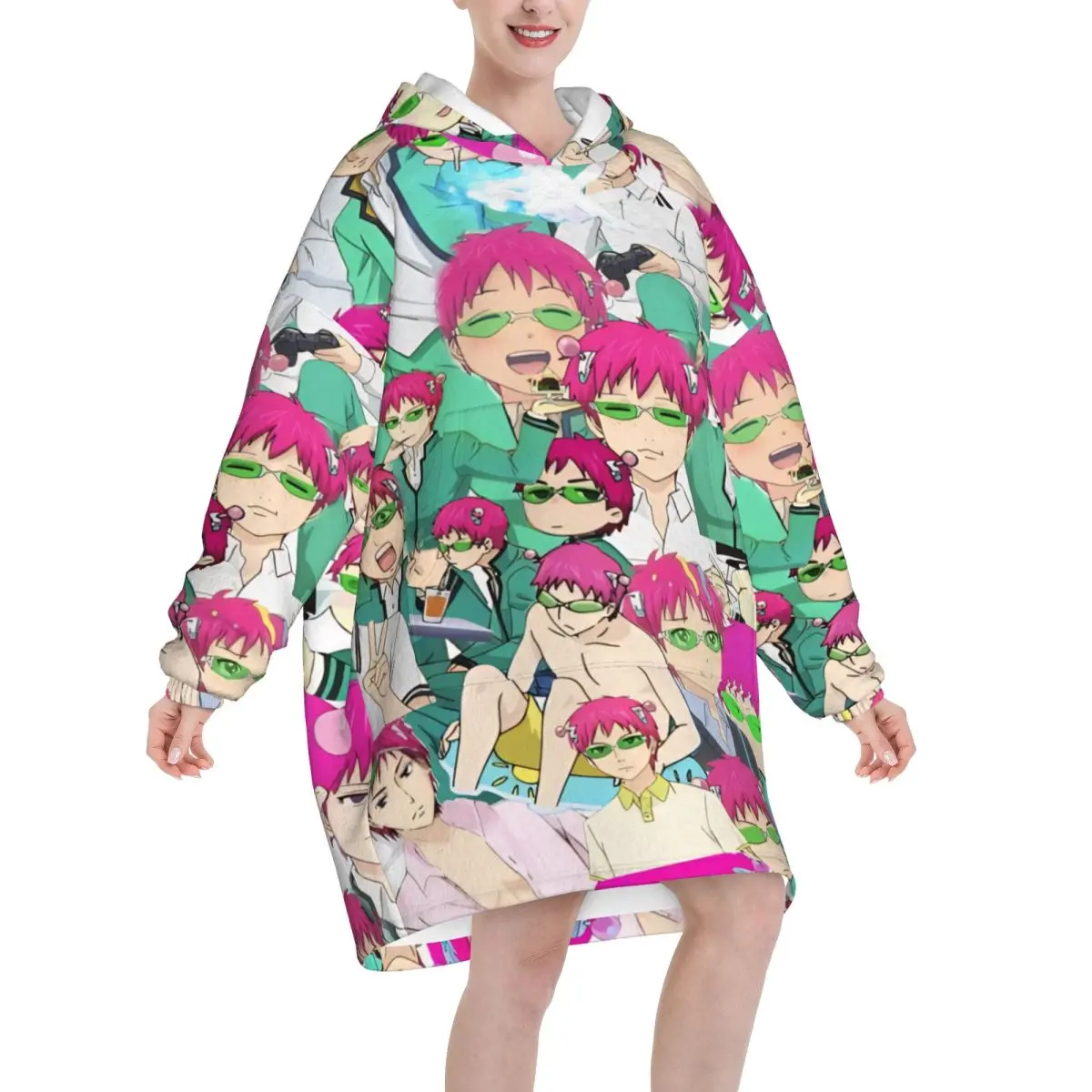 Saiki K Anime Blanket Hoodie Wearable Blanket Oversize with Pocket Warm Sleeping Bag Soft Cozy Onesie
